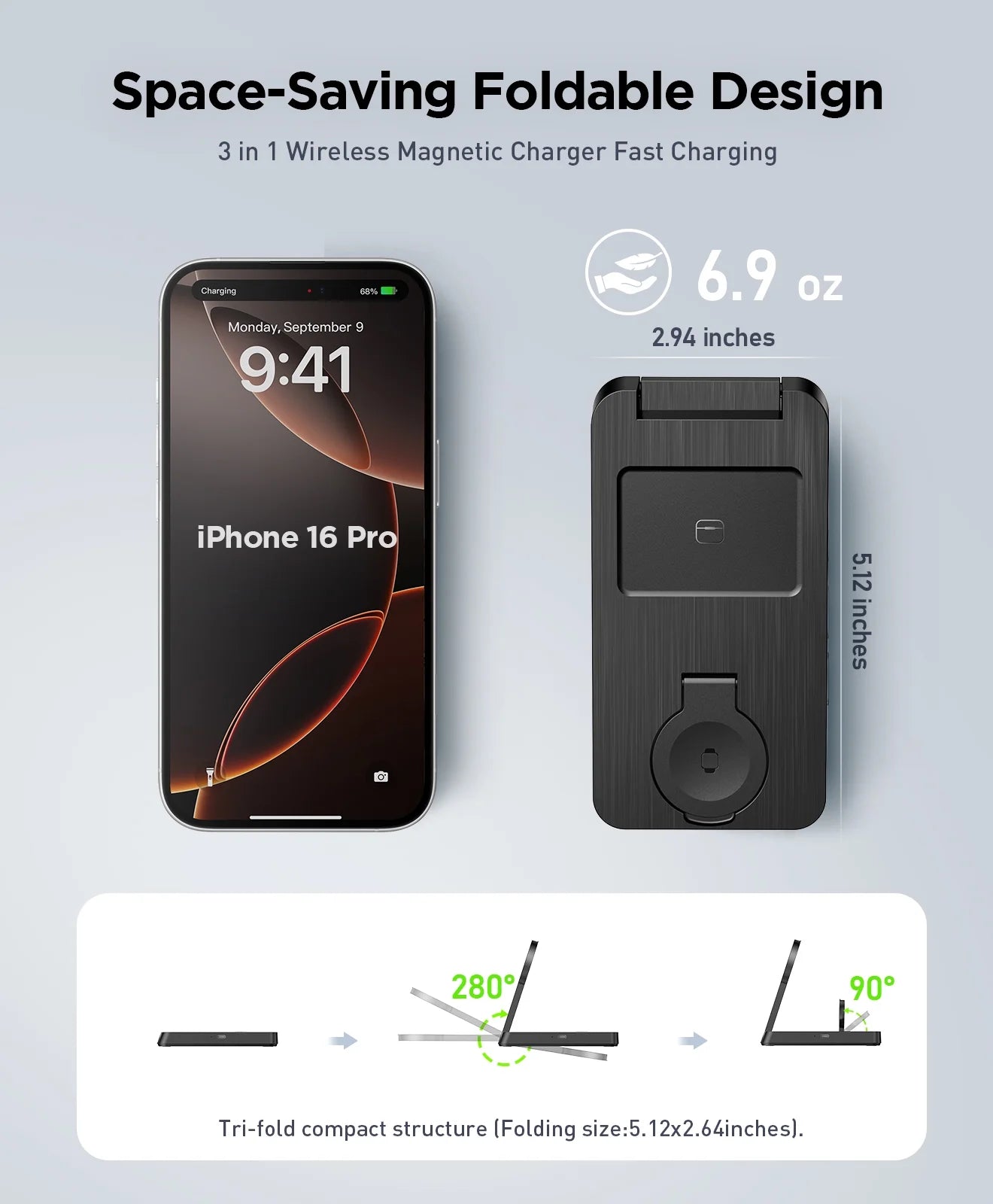 3 in 1 Magnetic Charging Station - 2025 Wireless Charger Compatible for Iphone 17/16/15/14/13/12 plus Pro Max, Foldable Portable Charger Dock for Iwatch & Airpods