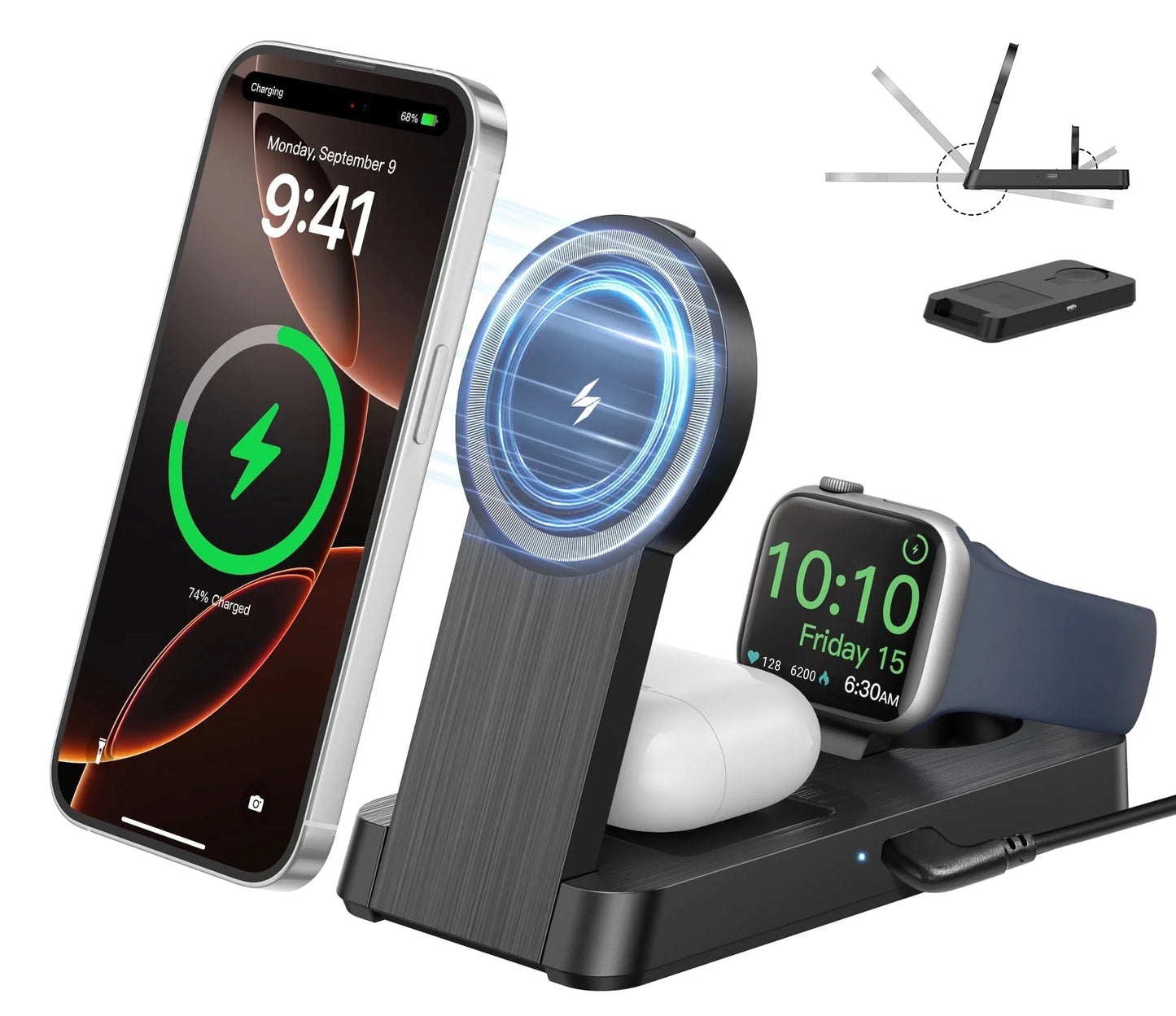 3 in 1 Magnetic Charging Station - 2025 Wireless Charger Compatible for Iphone 17/16/15/14/13/12 plus Pro Max, Foldable Portable Charger Dock for Iwatch & Airpods