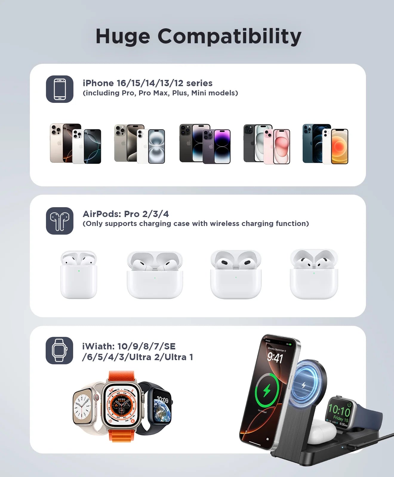 3 in 1 Magnetic Charging Station -  2025 Wireless Charger Compatible for Iphone 17/16/15/14/13/12 plus Pro Max, Foldable Portable Charger Dock for Iwatch & Airpods