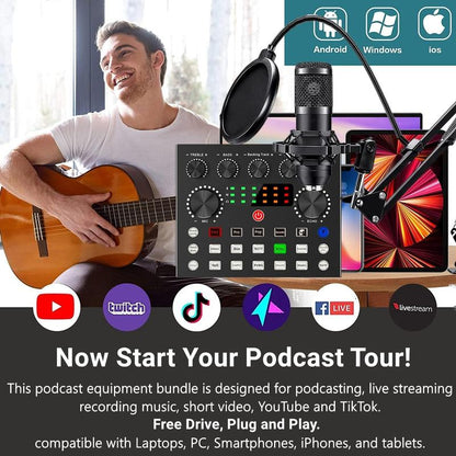 Safring Podcast Equipment Bundle, BM800 Podcast Usb Rechargeable Microphone Bundle with V8S Voice Changer, Condenser Microphone Recording Studio Package for Podcasting Live Streaming Singing PC Mobile Tiktok Youtube Dynamic Mic Sound Card Desk Clamp
