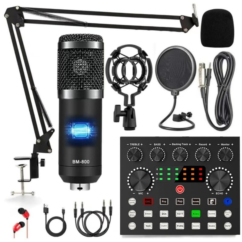 Safring Podcast Equipment Bundle, BM800 Podcast Usb Rechargeable Microphone Bundle with V8S Voice Changer, Condenser Microphone Recording Studio Package for Podcasting Live Streaming Singing PC Mobile Tiktok Youtube Dynamic Mic Sound Card Desk Clamp