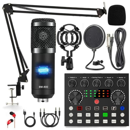 Safring Podcast Equipment Bundle, BM800 Podcast Usb Rechargeable Microphone Bundle with V8S Voice Changer, Condenser Microphone Recording Studio Package for Podcasting Live Streaming Singing PC Mobile Tiktok Youtube Dynamic Mic Sound Card Desk Clamp