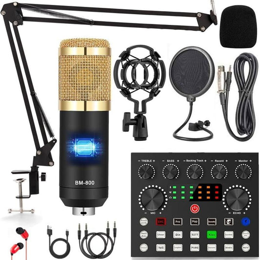 Safring Podcast Equipment Bundle, BM800 Podcast Usb Rechargeable Microphone Bundle with V8S Voice Changer, Condenser Microphone Recording Studio Package for Podcasting Live Streaming Singing PC Mobile Tiktok Youtube Dynamic Mic Sound Card Desk Clamp